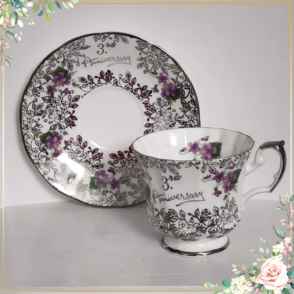 Lovely Vintage Elizabe Tea Cup and Saucer.  3rd anniversary edition silver inlay